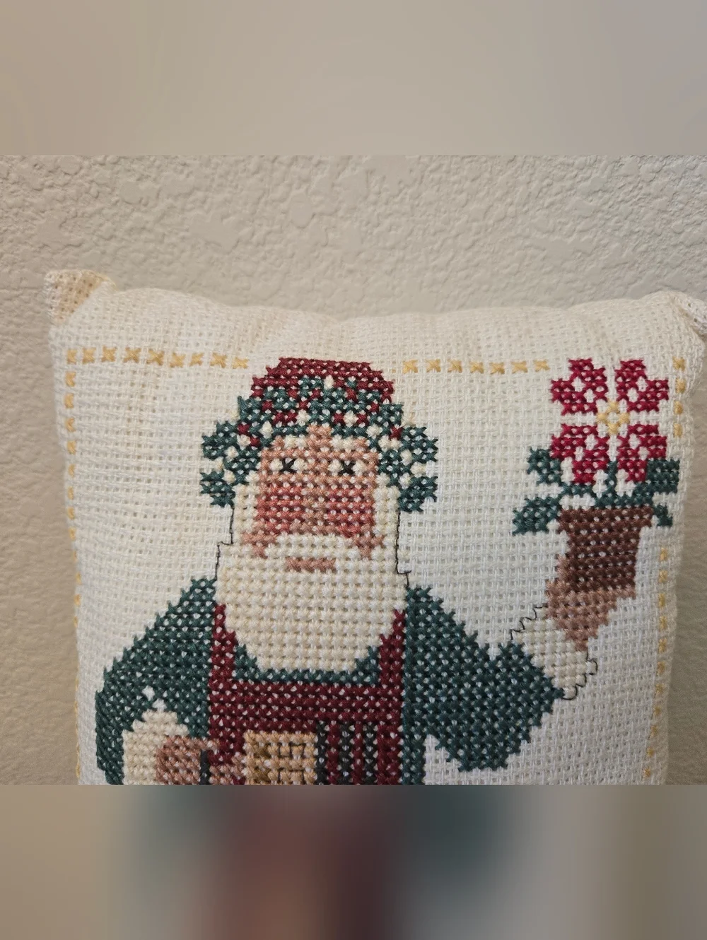 Vintage Needlepoint Santa Pillow Gardening Theme Accent Decor Christmas Holiday